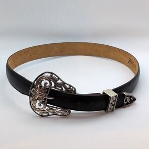 Justin Top Grain Cowhide Western Leather Belt Black Silver Tone Buckle Sz 30